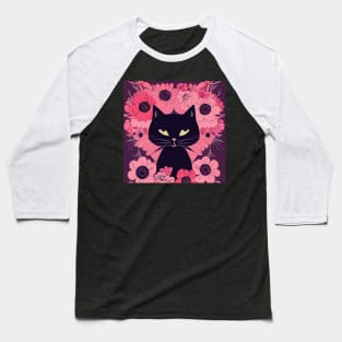 Mystical Black Cat Surrounded by Enchanting Pink Flowers Baseball T-Shirt